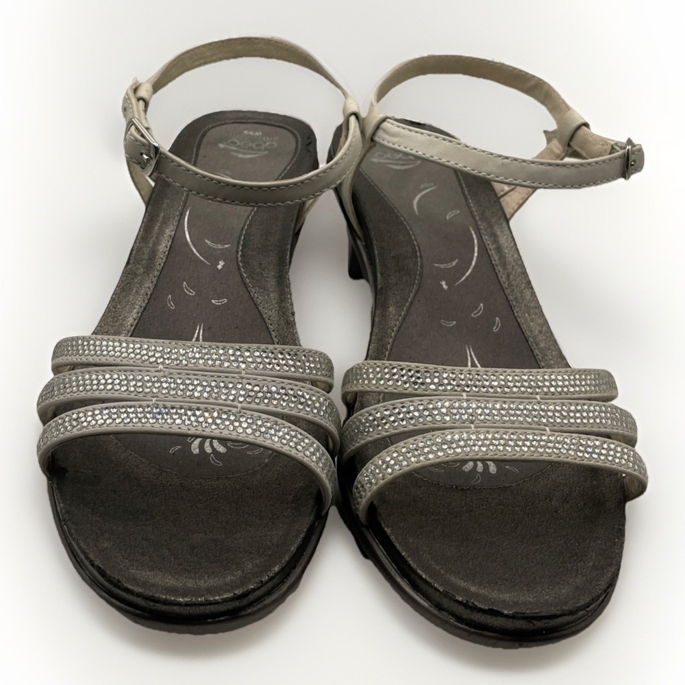 abeo Womens Size 9 Crystal Studded Strappy Sandal Formal Pewter Buckle Cushion - Picture 2 of 11